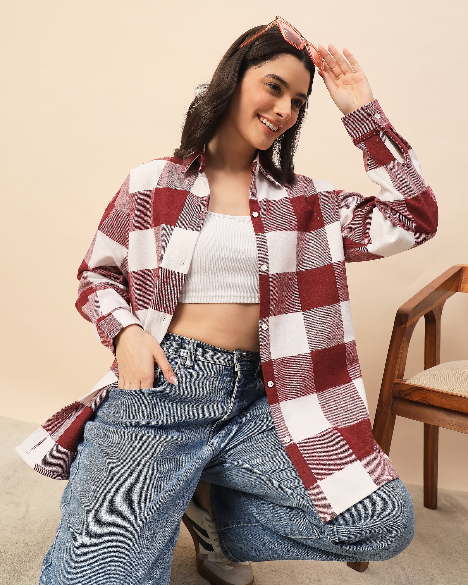 Chimpaaanzee Women Maroon & White Oversized Shirt - CHIMPAAANZEE