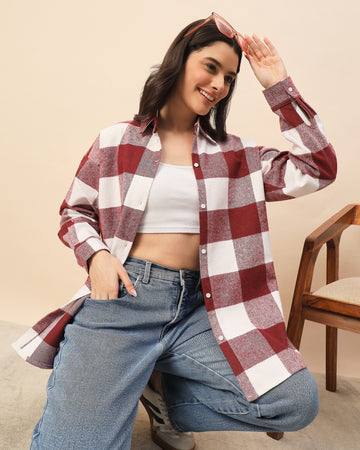 Chimpaaanzee Women Maroon & White Oversized Shirt - CHIMPAAANZEE