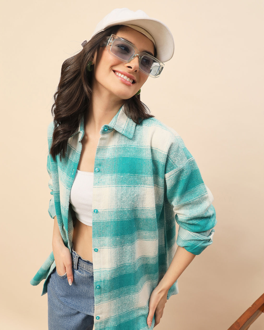 Chimpaaanzee Women Green & White Oversized Shirt - CHIMPAAANZEE
