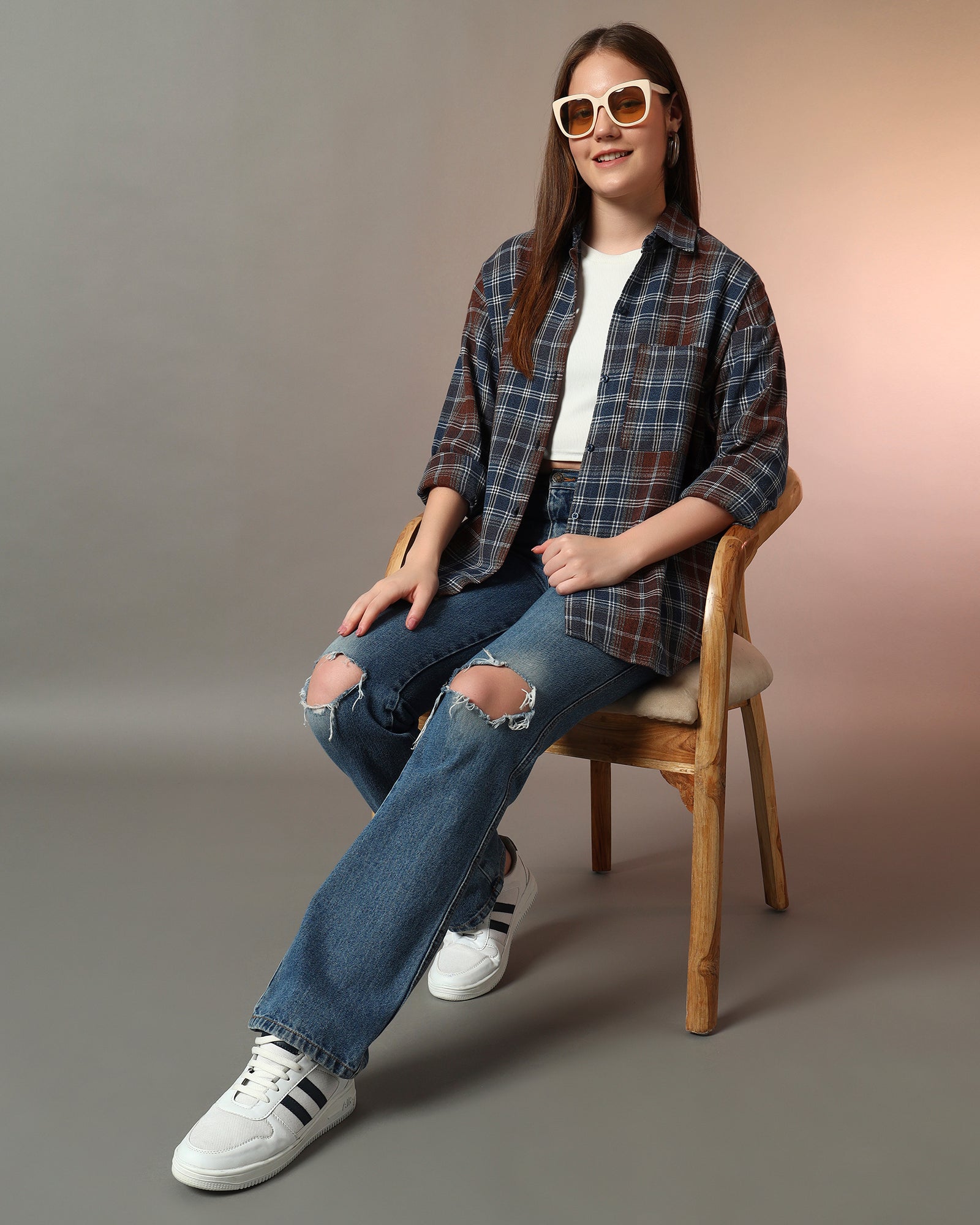 Chimpaaanzee Women Blue & Brown Oversized Shirt