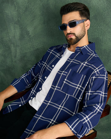 Chimpaaanzee Men Navy & White Oversized Fit Shirt
