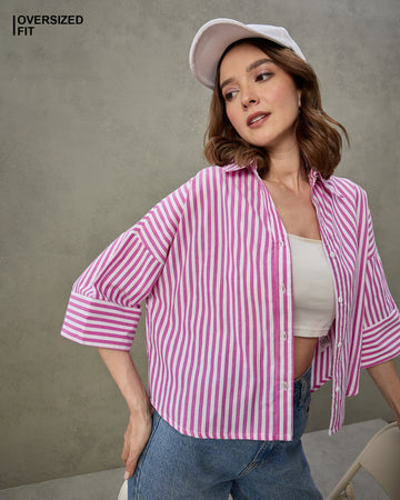 Chimpaaanzee Women Pink & White Oversized Shirt