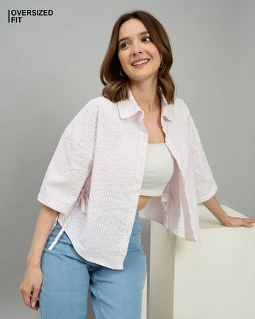 Chimpaaanzee Women White & Pink Oversized Crop Shirt
