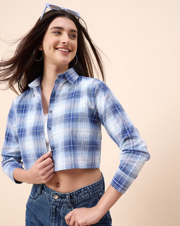 Chimpaaanzee Women Blue & White Crop Shirt