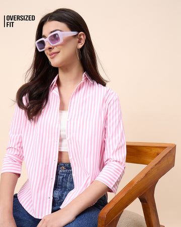Chimpaaanzee Women Pink & White Oversized Shirt