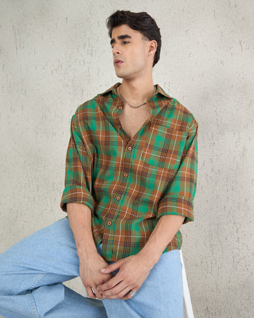 Chimpaaanzee Men Brown & Green Oversized Fit Shirt