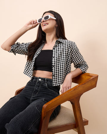 Chimpaaanzee Women Black & White Crop Shirt