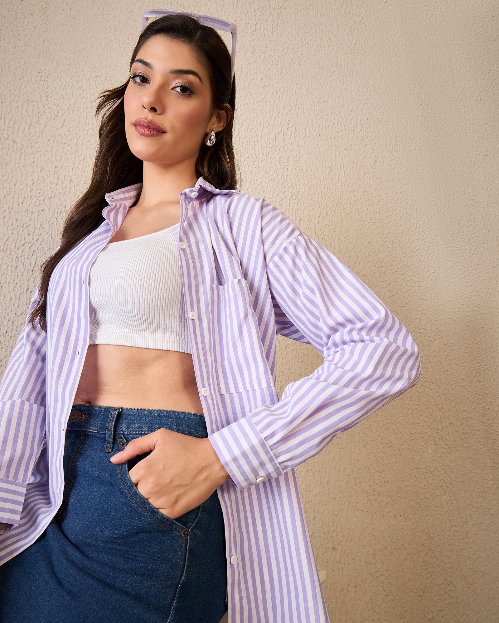 Chimpaaanzee Women Purple & White Oversized Shirt