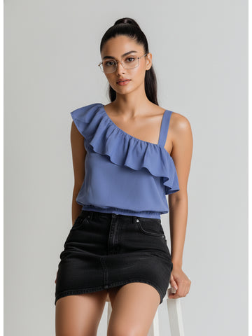 Chimpaaanzee Women Ruffled Sleeves Blue Top
