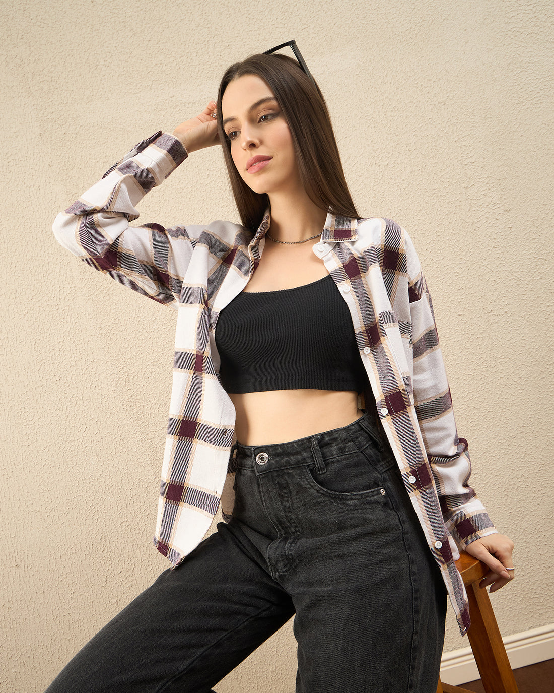 Chimpaaanzee Women White & Maroon Oversized Shirt - CHIMPAAANZEE