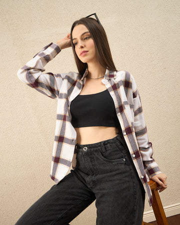 Chimpaaanzee Women White & Maroon Oversized Shirt - CHIMPAAANZEE