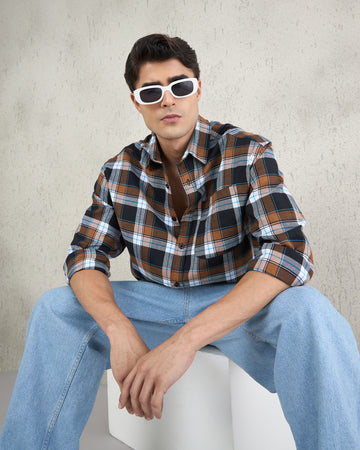 Chimpaaanzee Men Black & Brown Oversized Fit Shirt