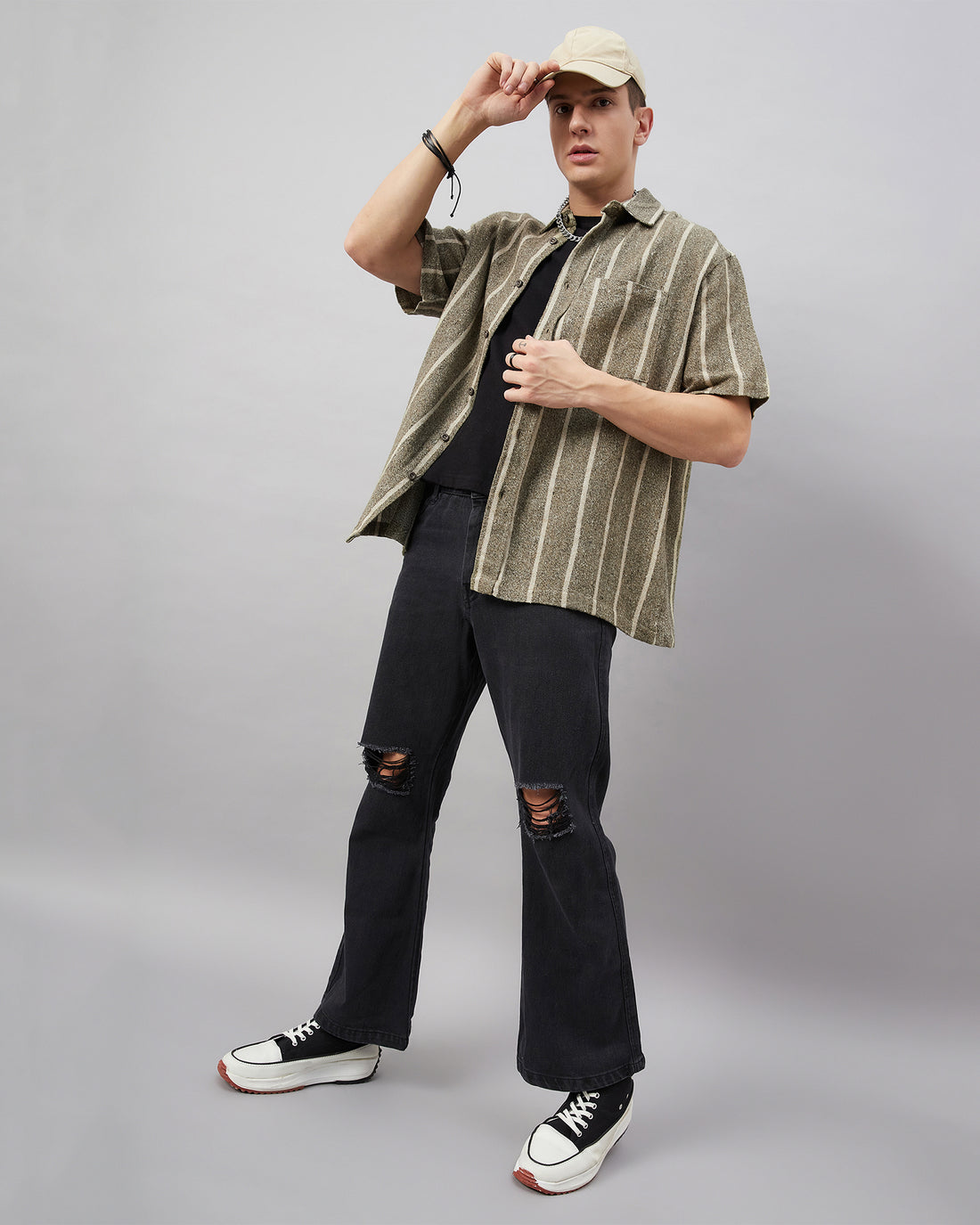 Chimpaaanzee Men Olive Green and White Oversized Fit Shirt
