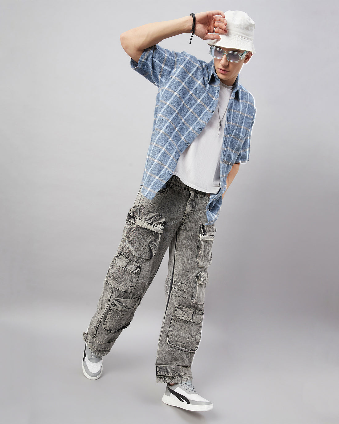 Chimpaaanzee Men Blue and White Oversized Fit Shirt