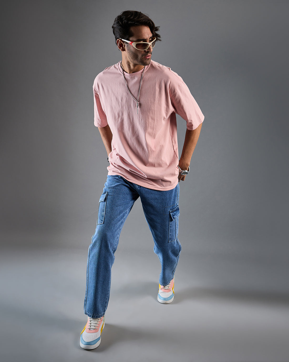 Chimpaaanzee Men Cotton Light Pink Solid Oversized T-shirt