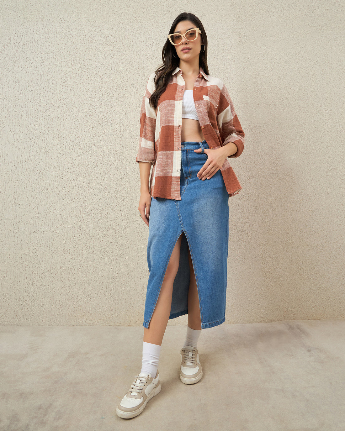 Chimpaaanzee Women Rust Orange & Beige Oversized Shirt