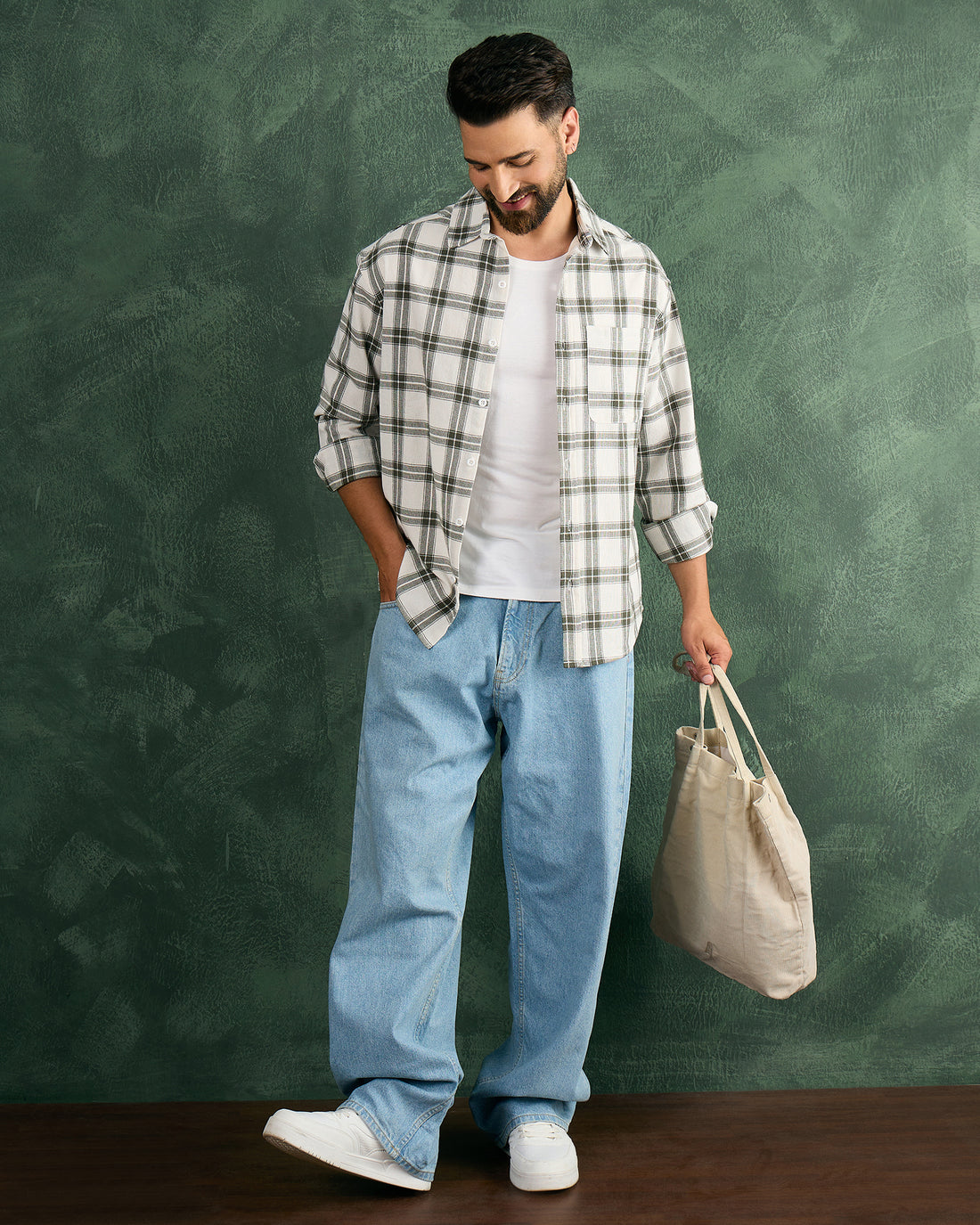 Chimpaaanzee Men White & Green Oversized Fit Shirt