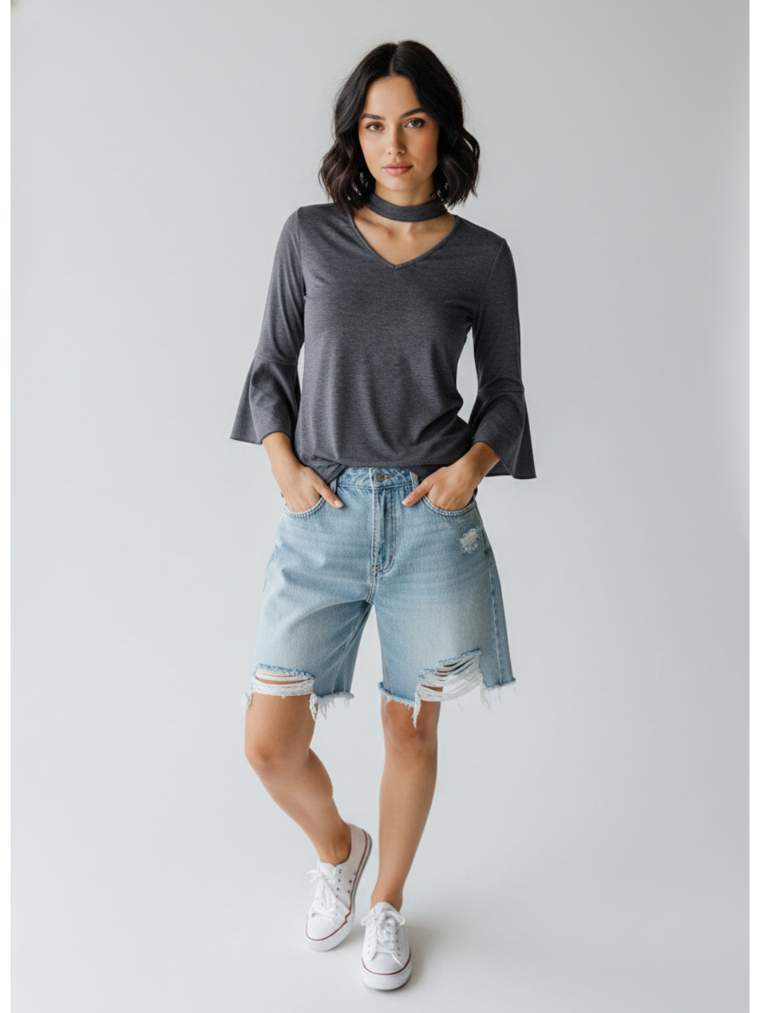 Chimpaaanzee Women Bell Sleeve Dark Grey Top