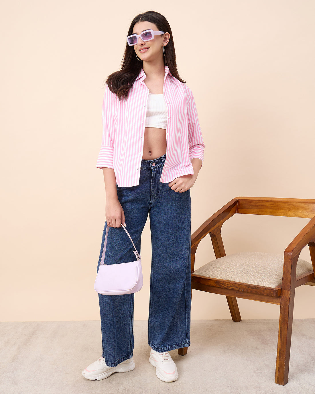 Chimpaaanzee Women Pink & White Oversized Shirt