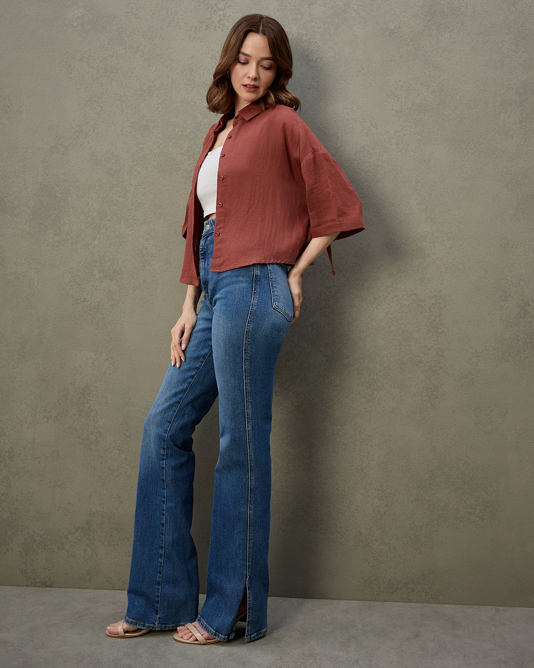 Chimpaaanzee Women Brown Oversized Crop Shirt