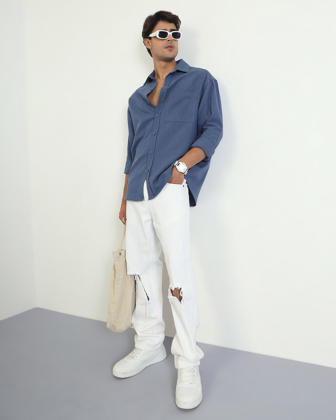 Chimpaaanzee Men Blue Oversized Fit Shirt