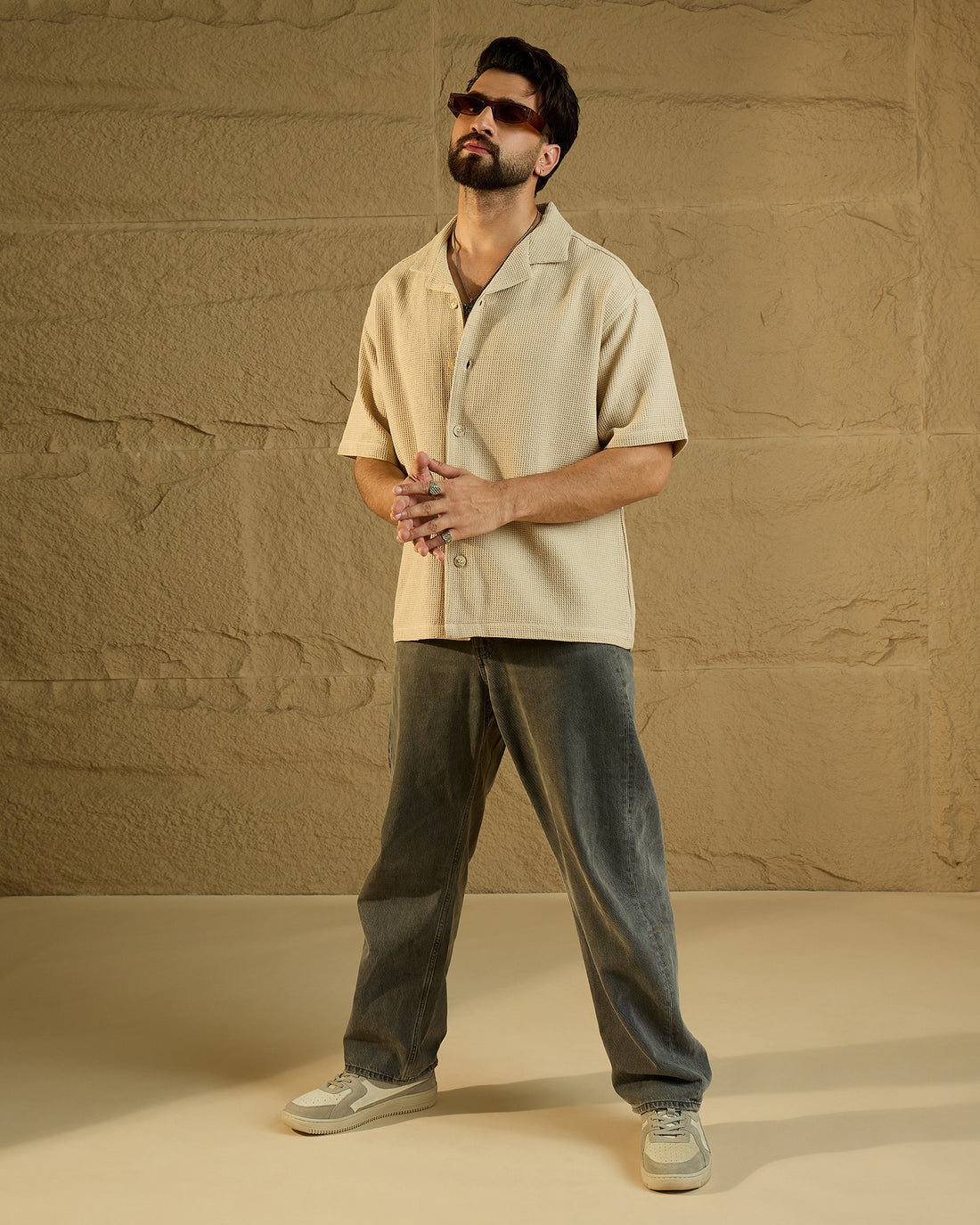 Chimpaaanzee Men Beige Oversized Fit Shirt