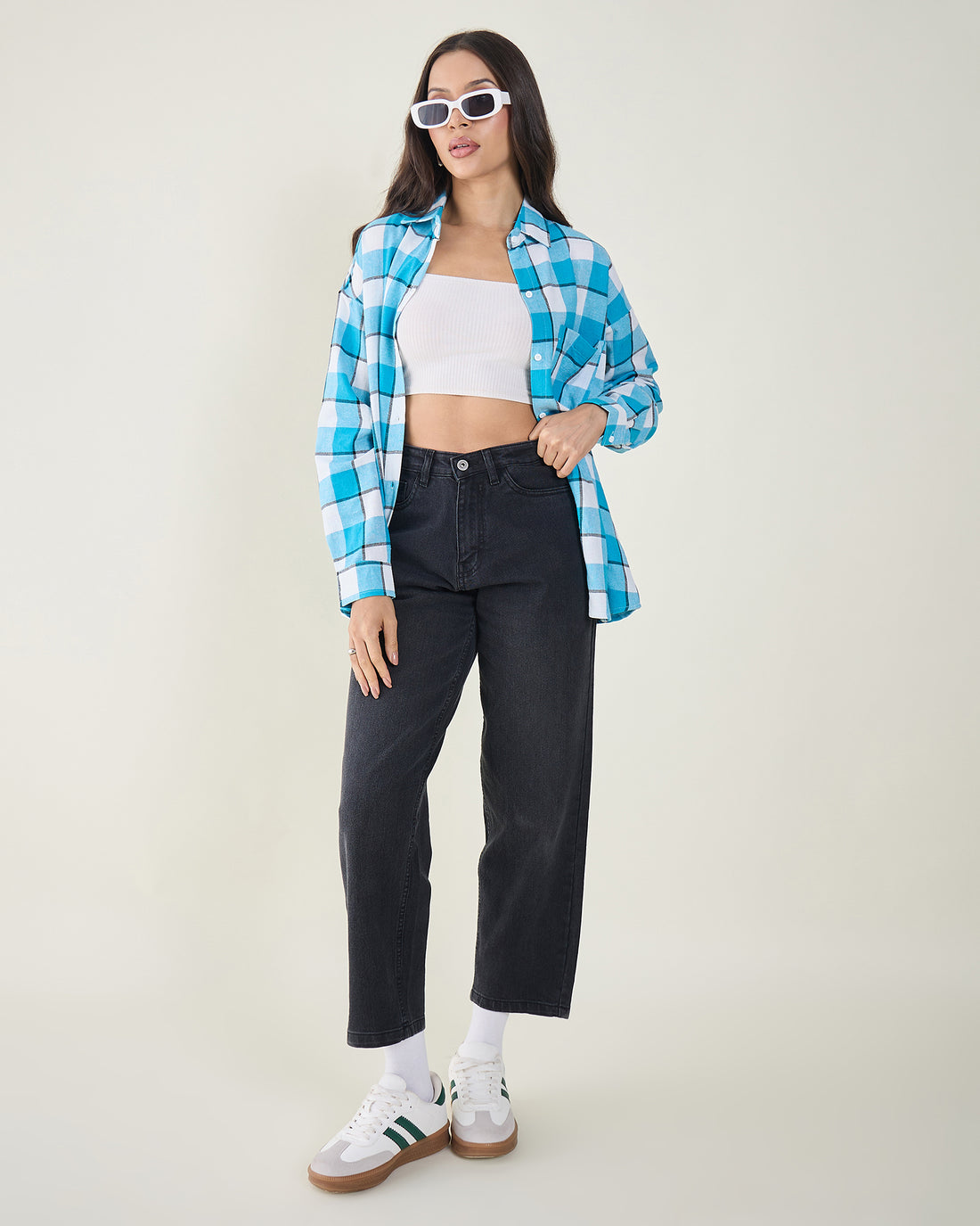 Chimpaaanzee Women Skyblue & White Oversized Shirt