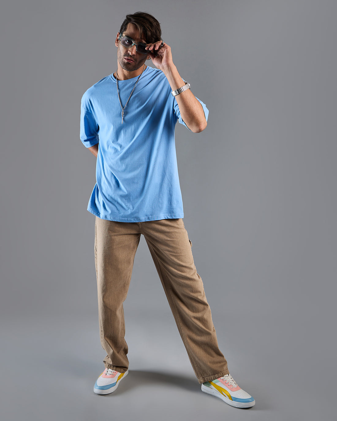 Chimpaaanzee Men Cotton Blue Solid Oversized T-shirt