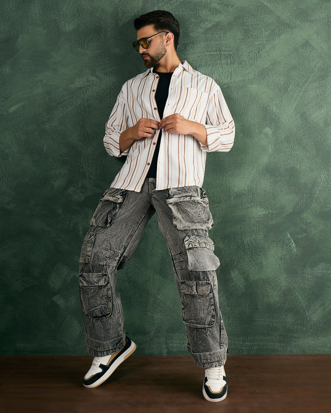 Chimpaaanzee Men White & Brown Oversized Fit Shirt