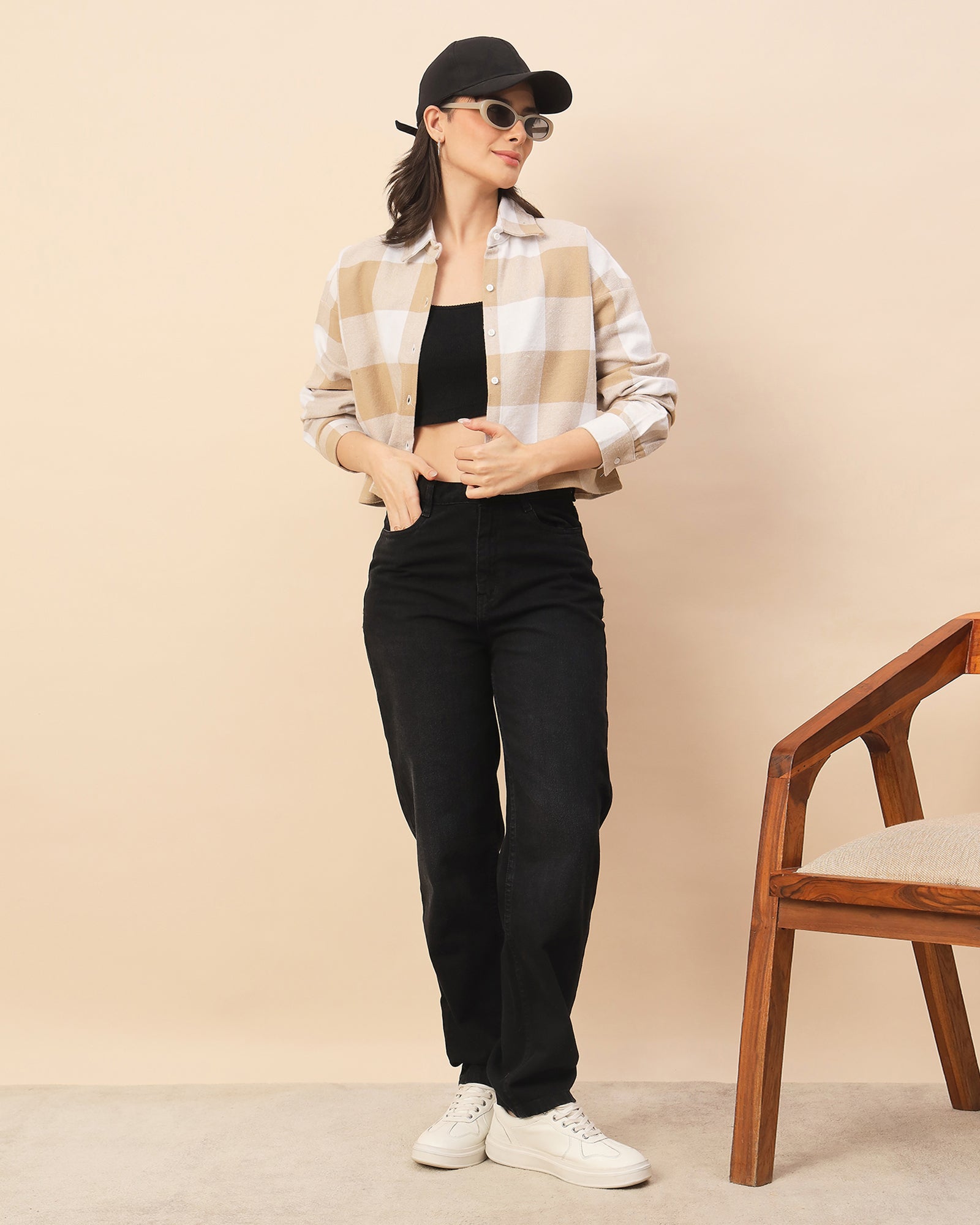 Chimpaaanzee Women Beige & White Oversized Crop Shirt - CHIMPAAANZEE