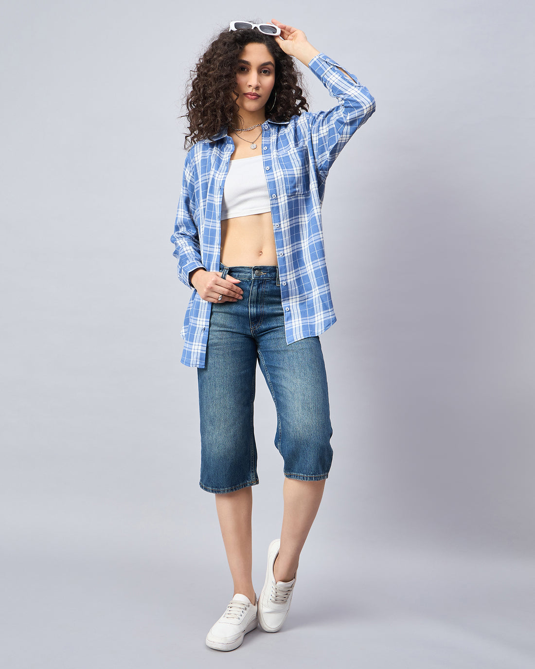 Chimpaaanzee Women Blue & White Oversized Shirt