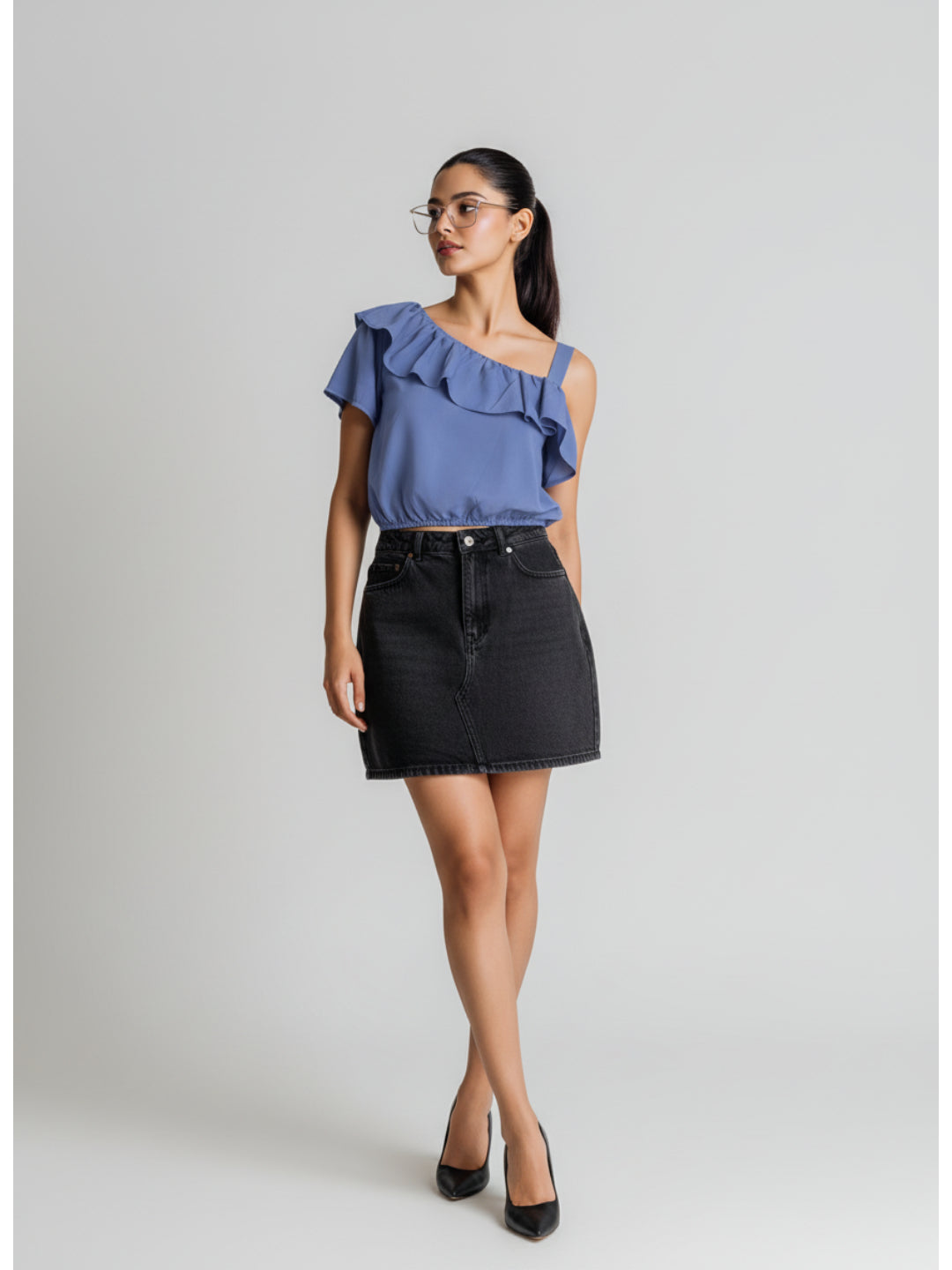 Chimpaaanzee Women Ruffled Sleeves Blue Top
