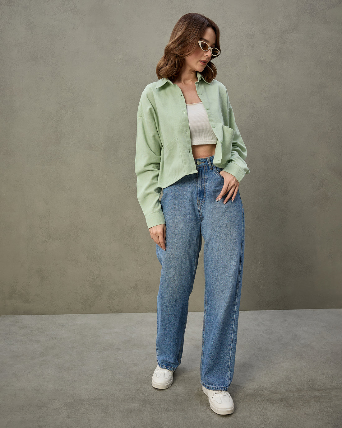 Chimpaaanzee Women Green Oversized Crop Shirt