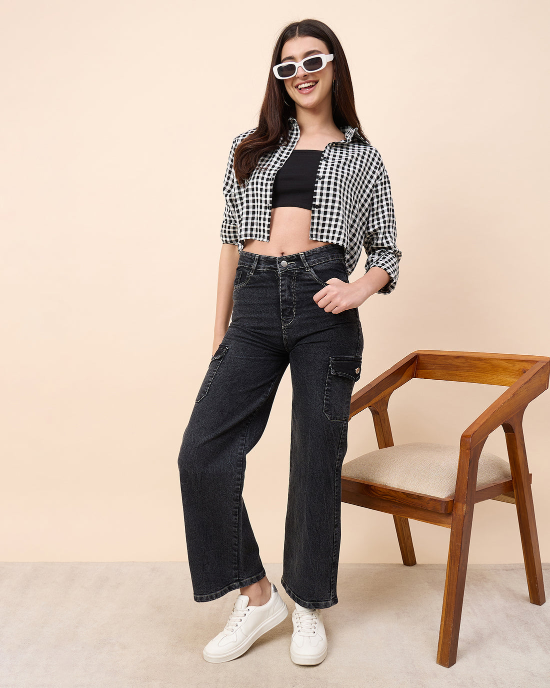 Chimpaaanzee Women Black & White Crop Shirt