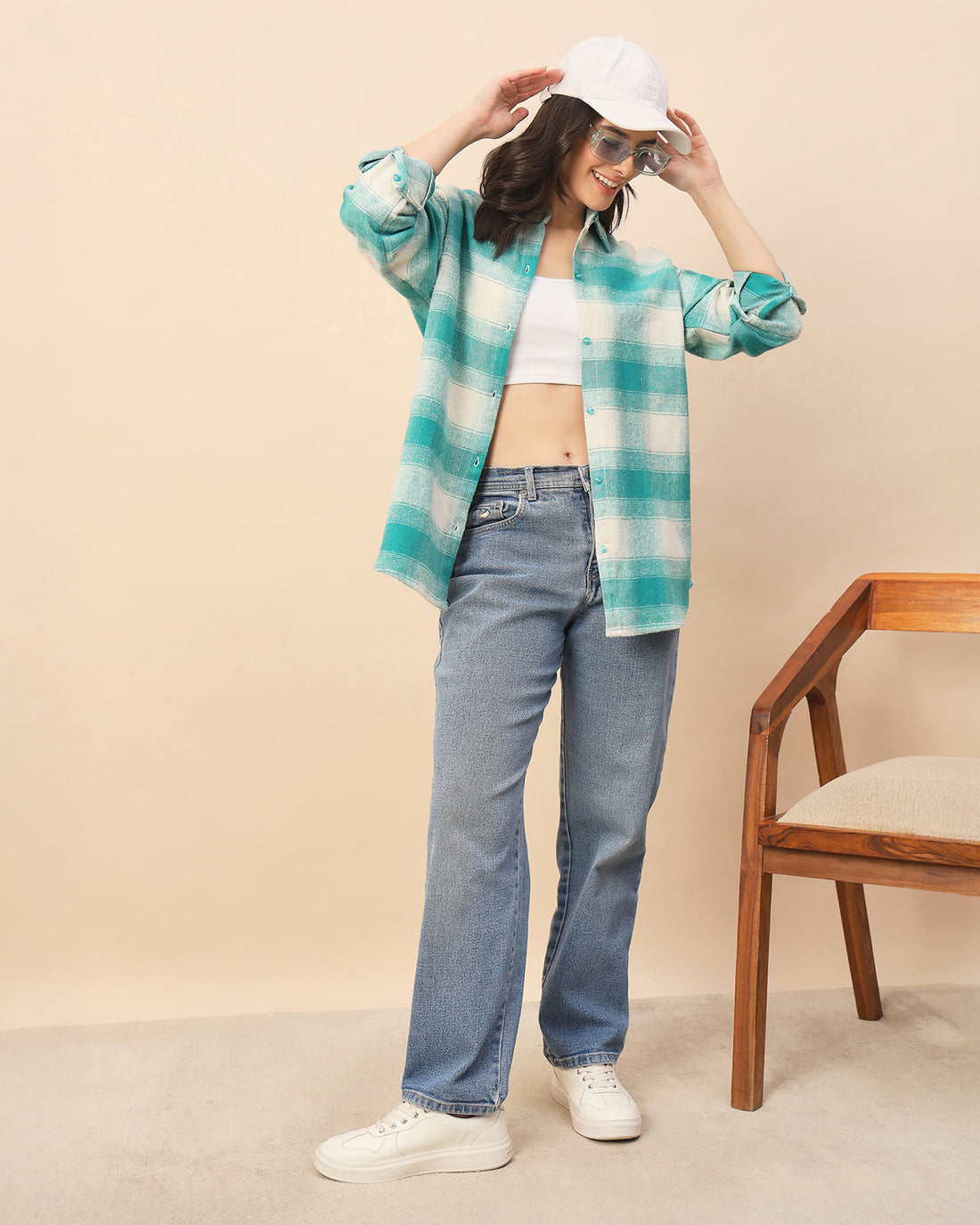Chimpaaanzee Women Green & White Oversized Shirt - CHIMPAAANZEE