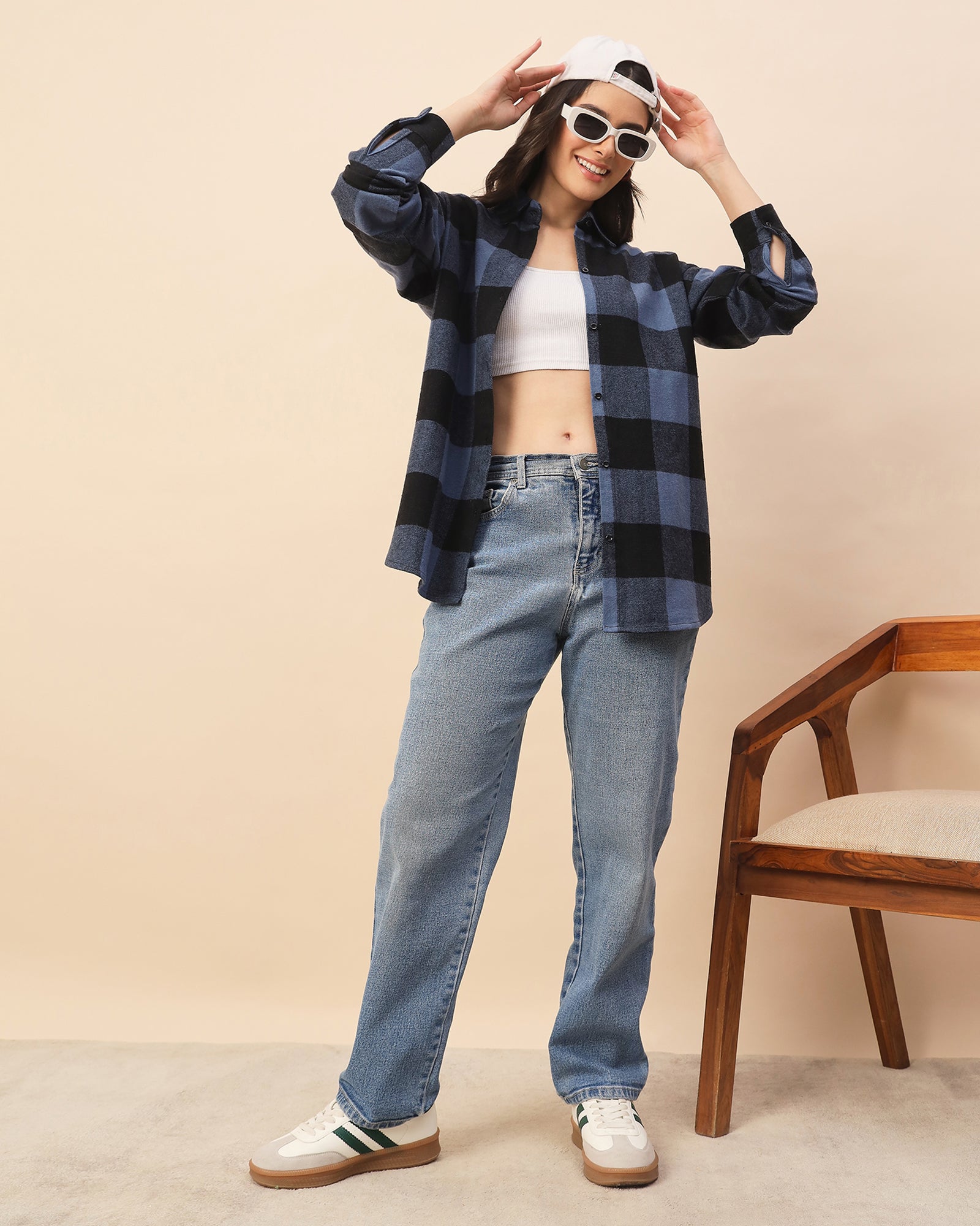 Chimpaaanzee Women Blue & Black Oversized Shirt - CHIMPAAANZEE