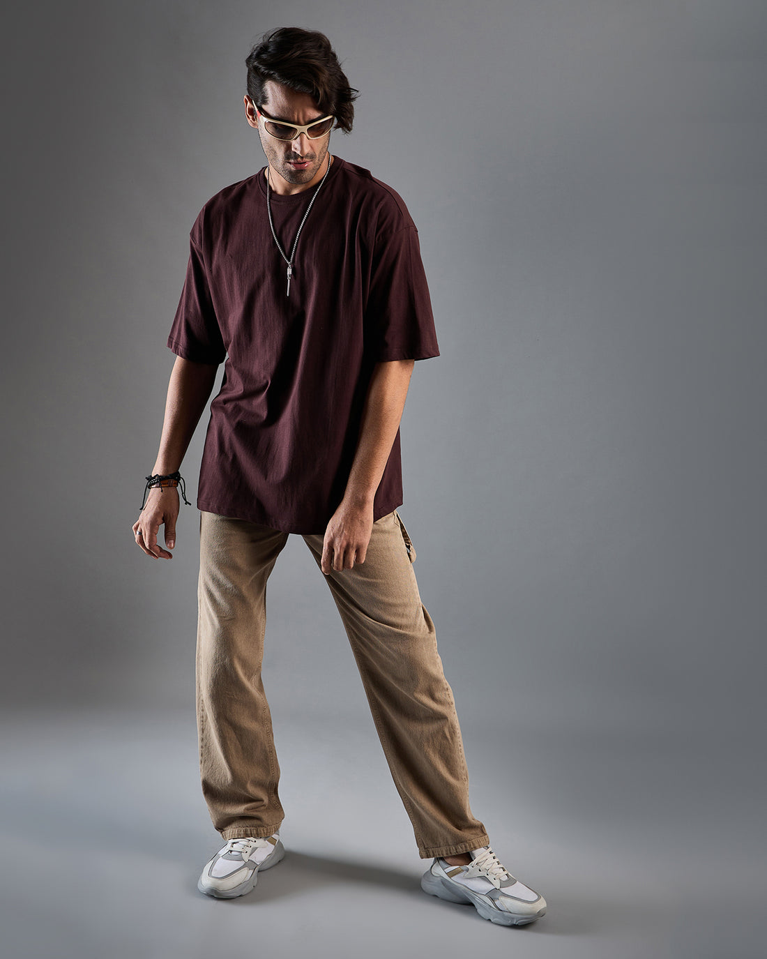 Chimpaaanzee Men Cotton Coffee Brown Solid Oversized T-shirt