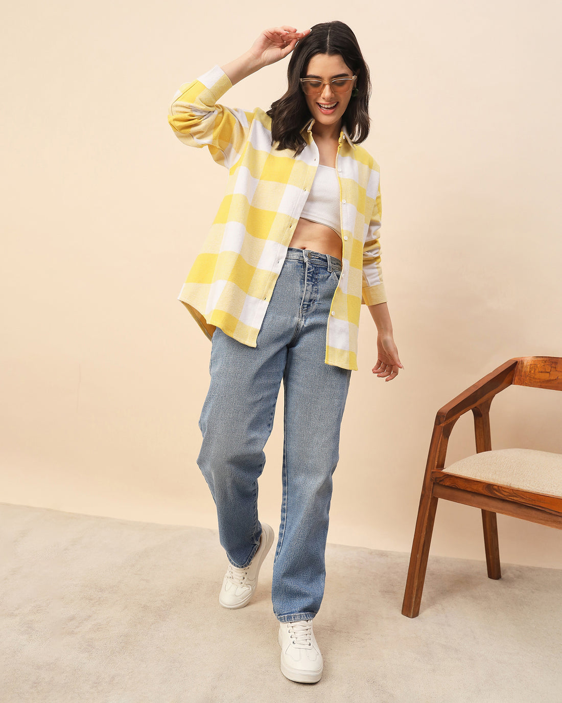 Chimpaaanzee Women Yellow & White Oversized Shirt - CHIMPAAANZEE