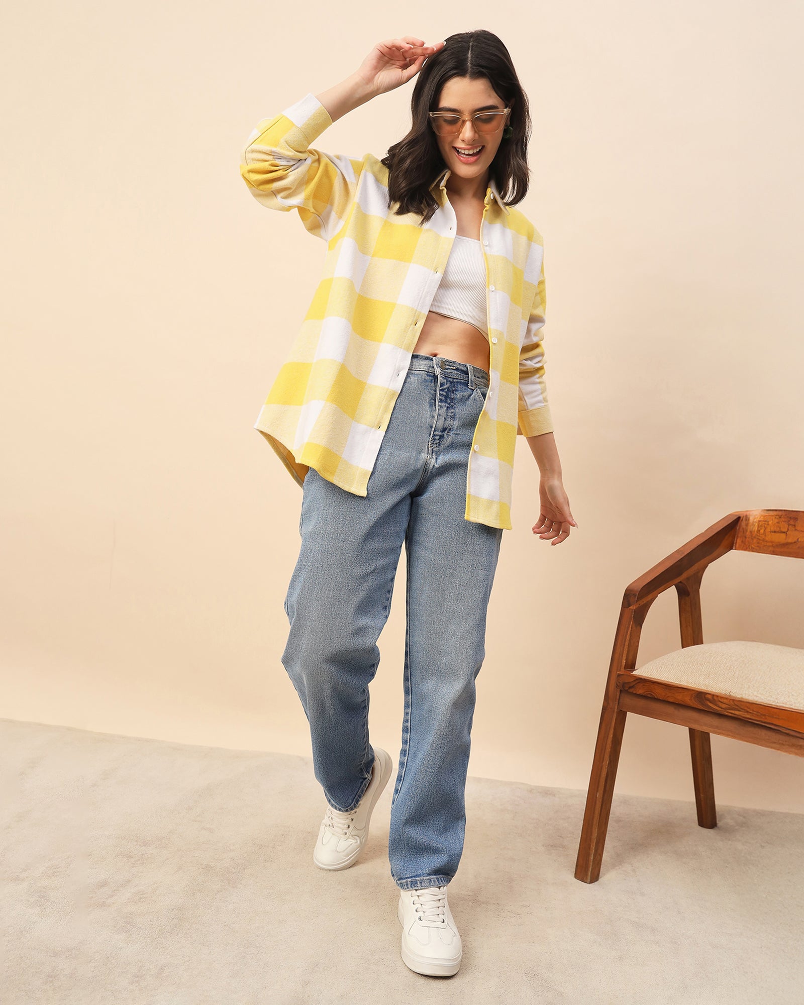 Chimpaaanzee Women Yellow & White Oversized Shirt - CHIMPAAANZEE