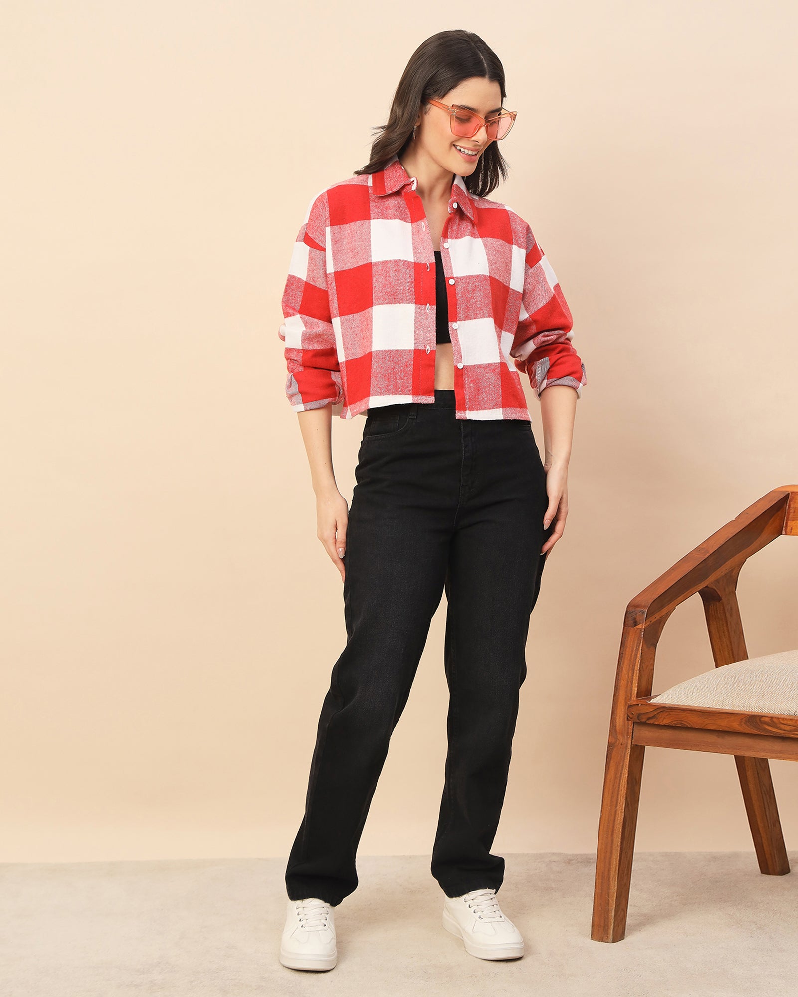 Chimpaaanzee Women Red & White Oversized Crop Shirt - CHIMPAAANZEE
