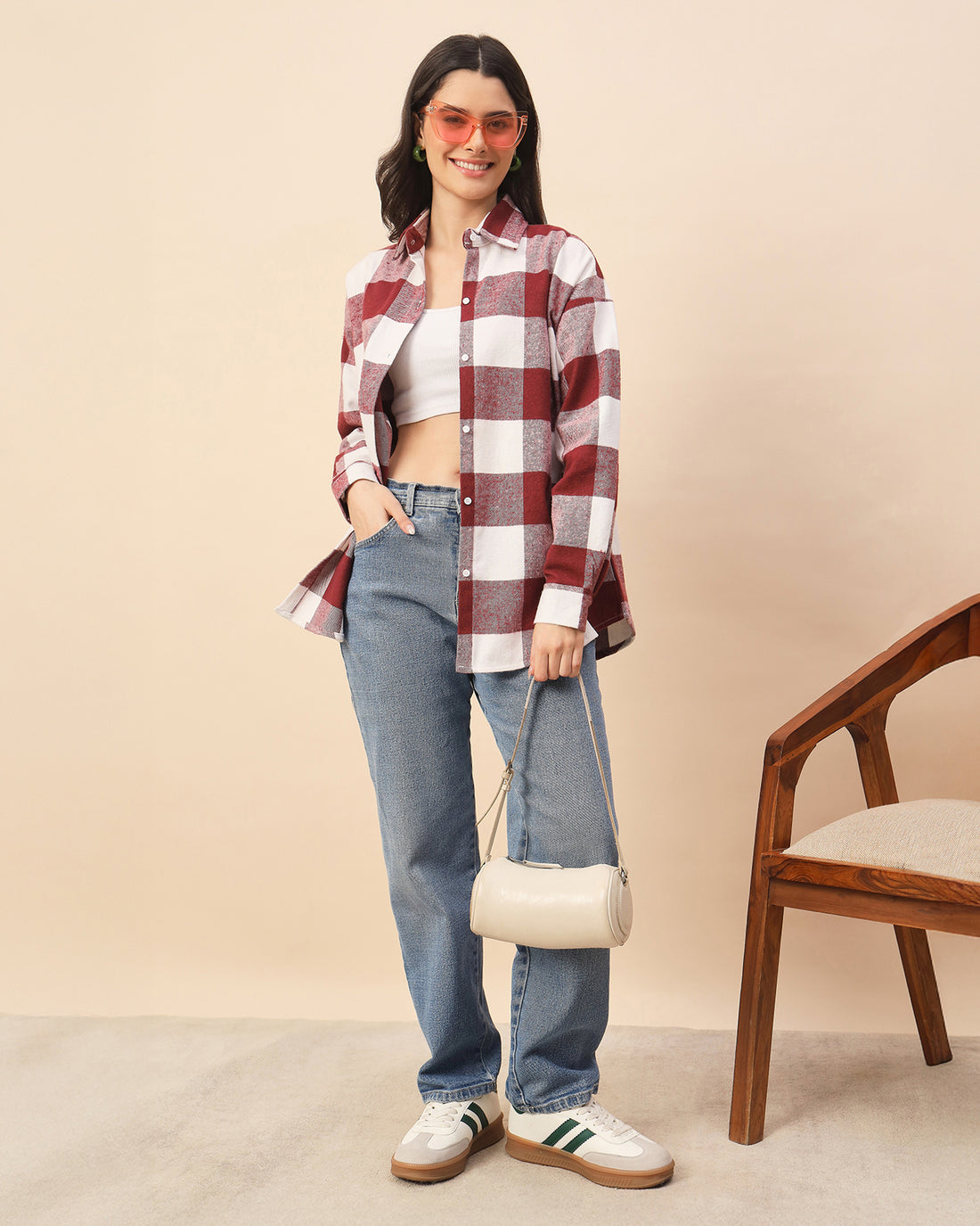 Chimpaaanzee Women Maroon & White Oversized Shirt - CHIMPAAANZEE