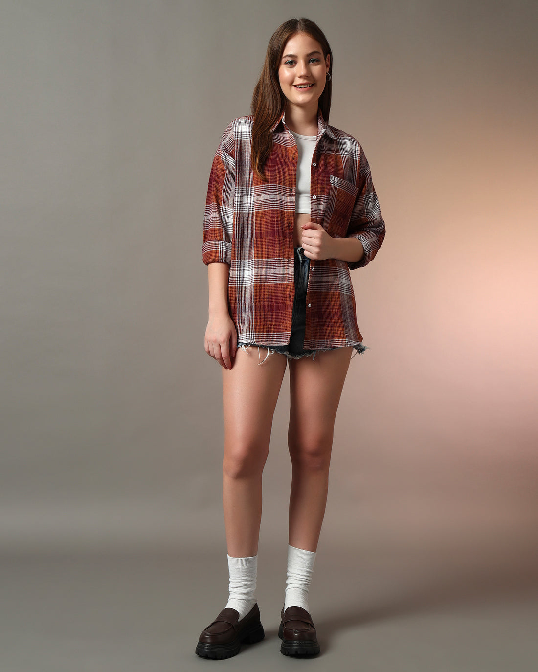 Chimpaaanzee Women Brown & White Oversized Shirt