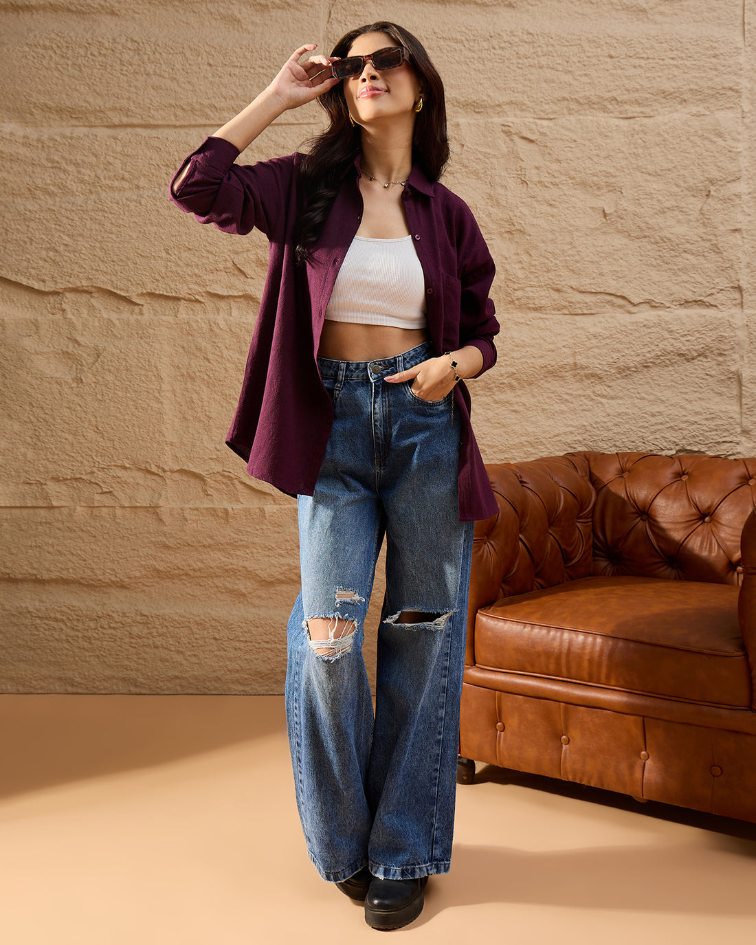 Chimpaaanzee Women Burgundy Oversized Shirt