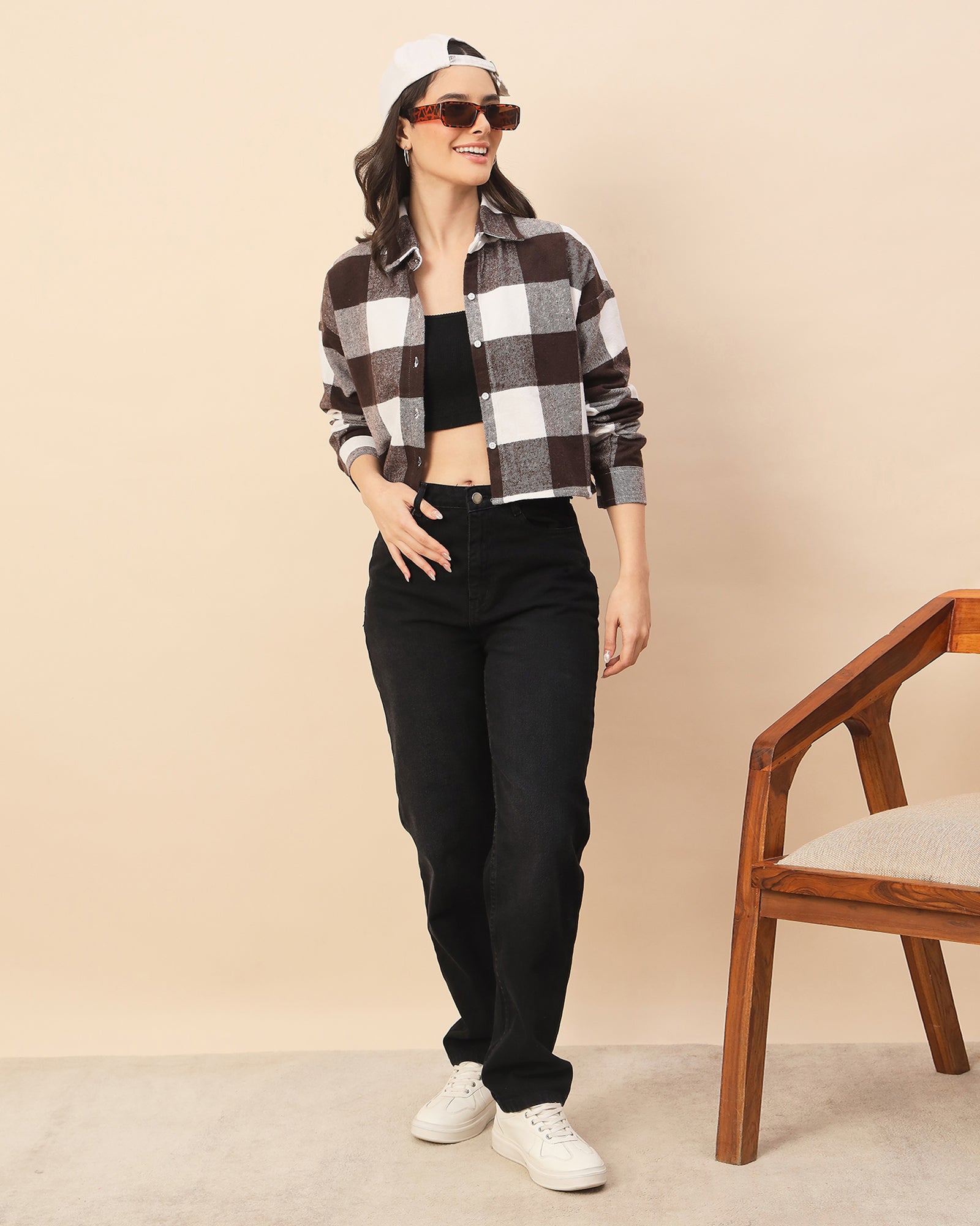 Chimpaaanzee Women Brown & White Oversized Crop Shirt - CHIMPAAANZEE