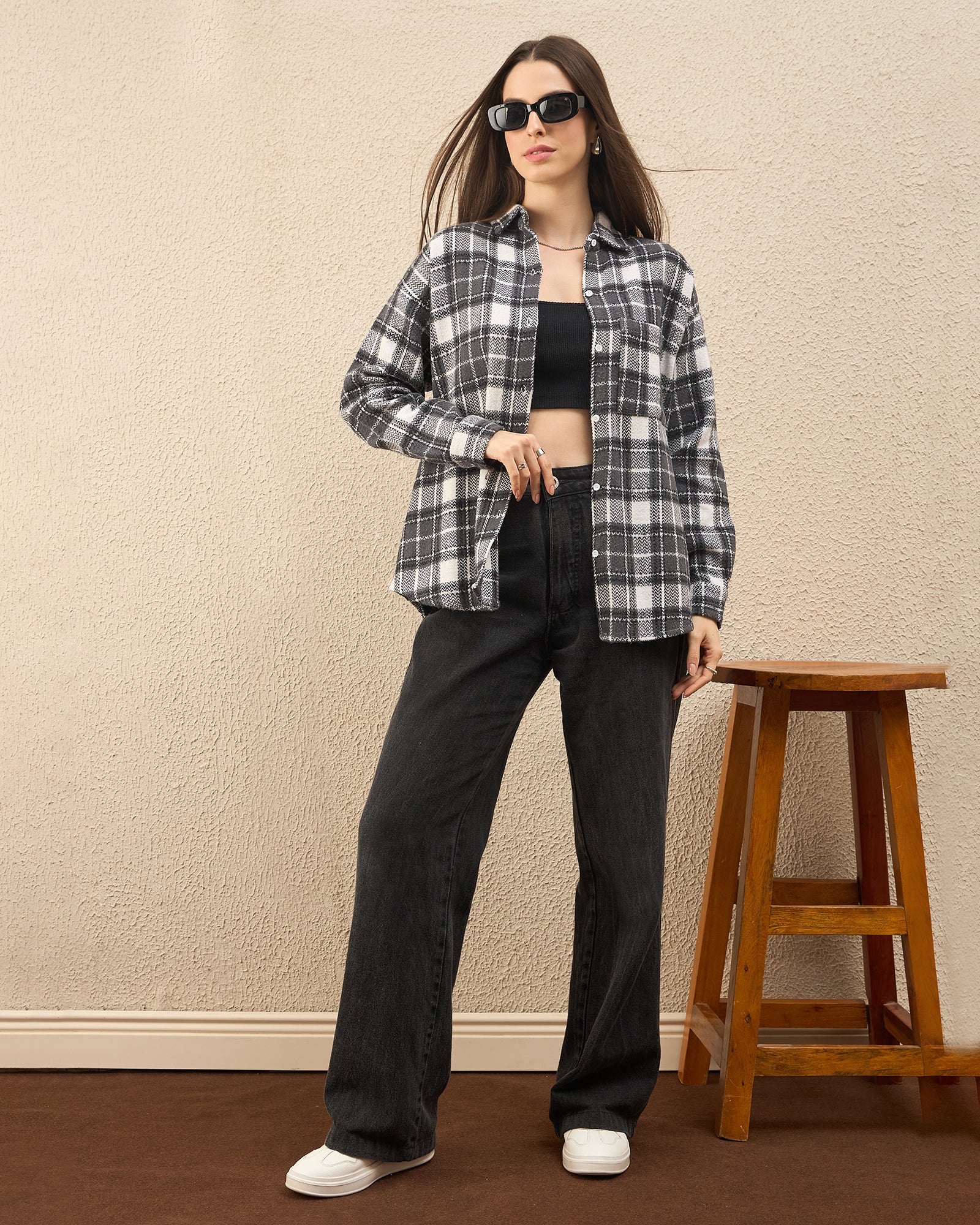 Chimpaaanzee Women Grey & White Oversized Shirt - CHIMPAAANZEE