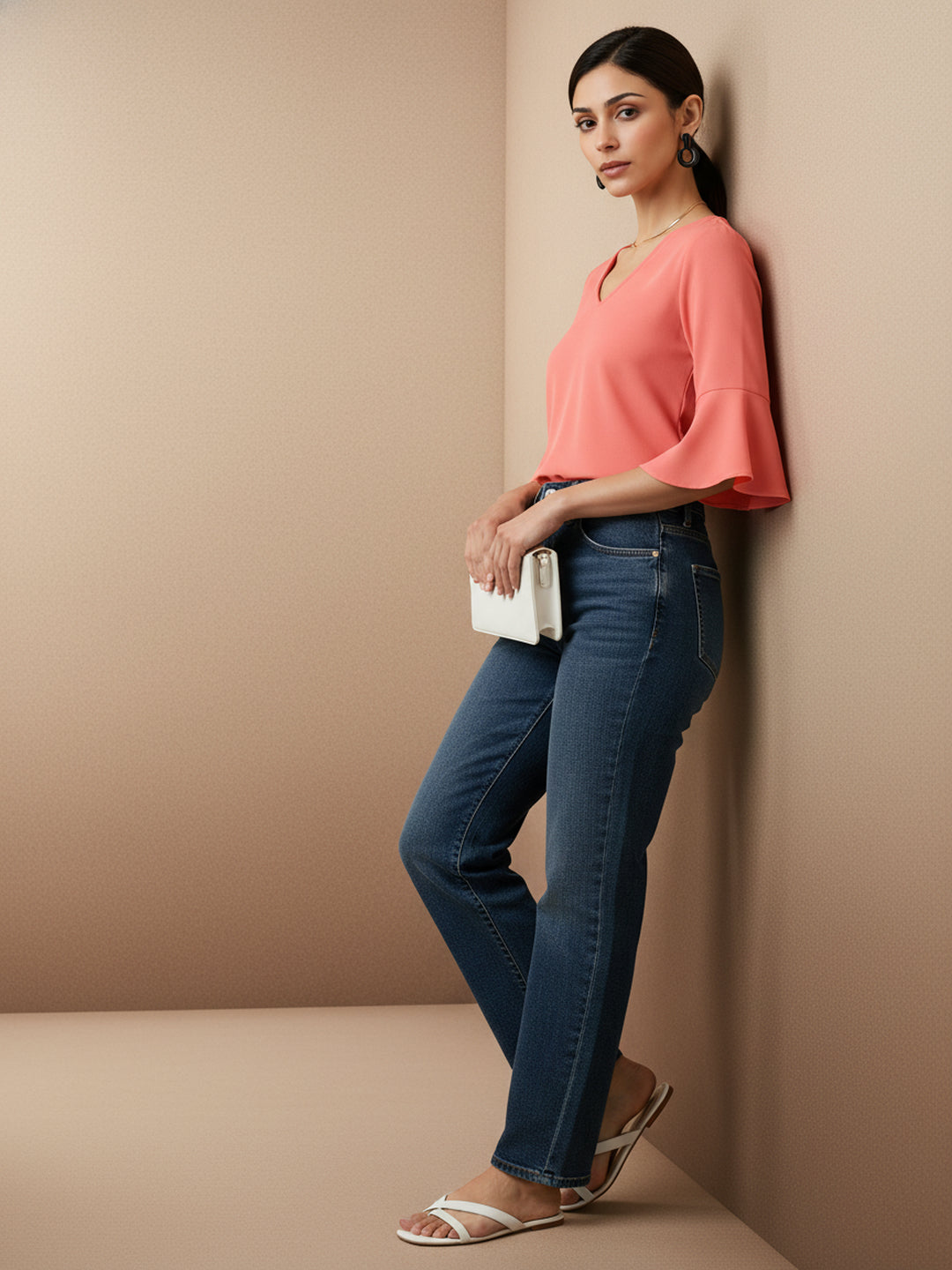 Chimpaaanzee Women V Neck Bell Sleeve Light Pink Top