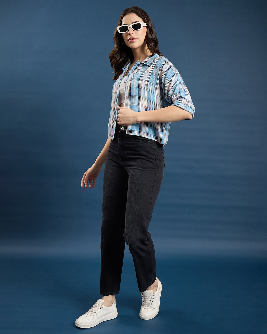 Chimpaaanzee Women Blue & Beige Crop Shirt