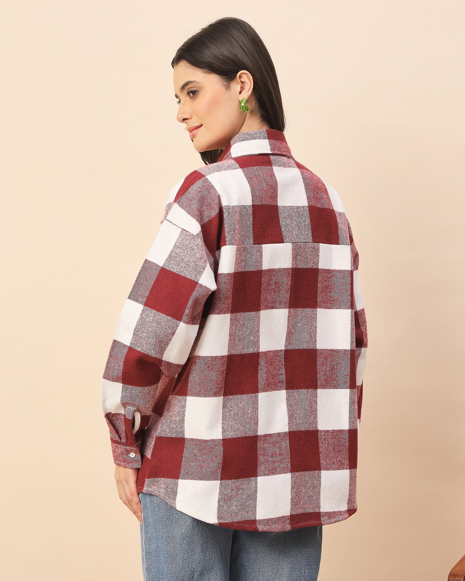 Chimpaaanzee Women Maroon & White Oversized Shirt - CHIMPAAANZEE