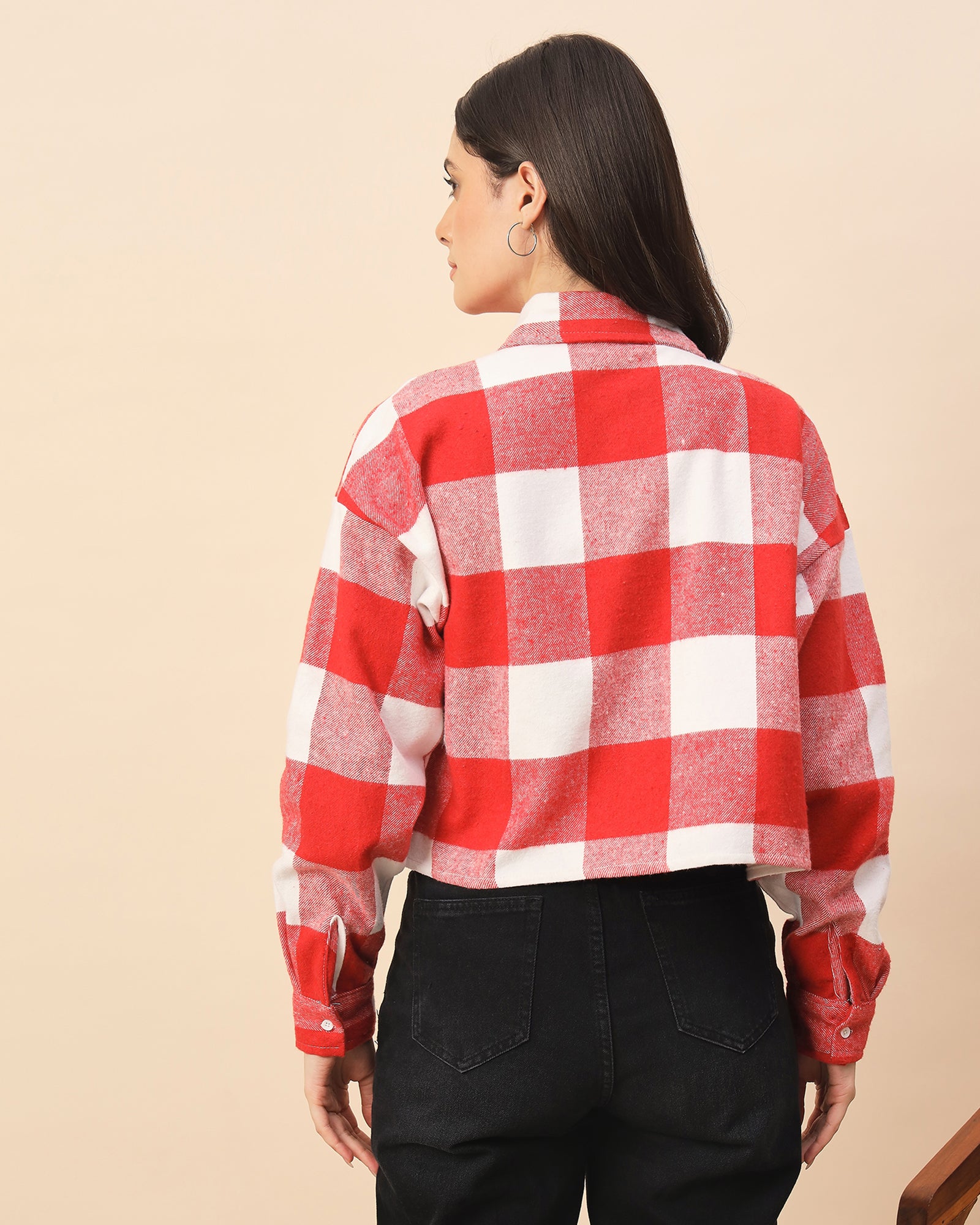 Chimpaaanzee Women Red & White Oversized Crop Shirt - CHIMPAAANZEE