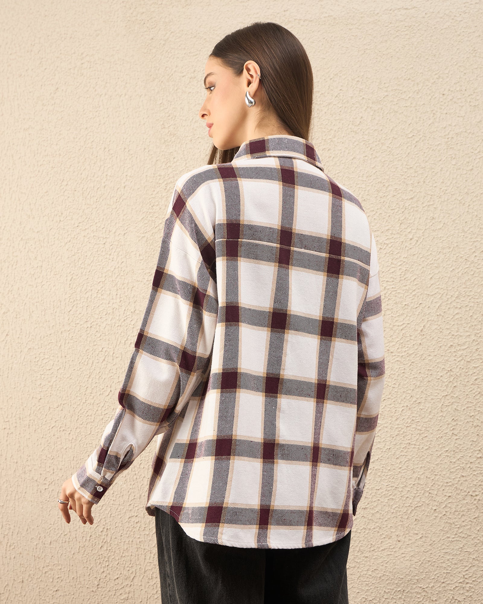 Chimpaaanzee Women White & Maroon Oversized Shirt - CHIMPAAANZEE